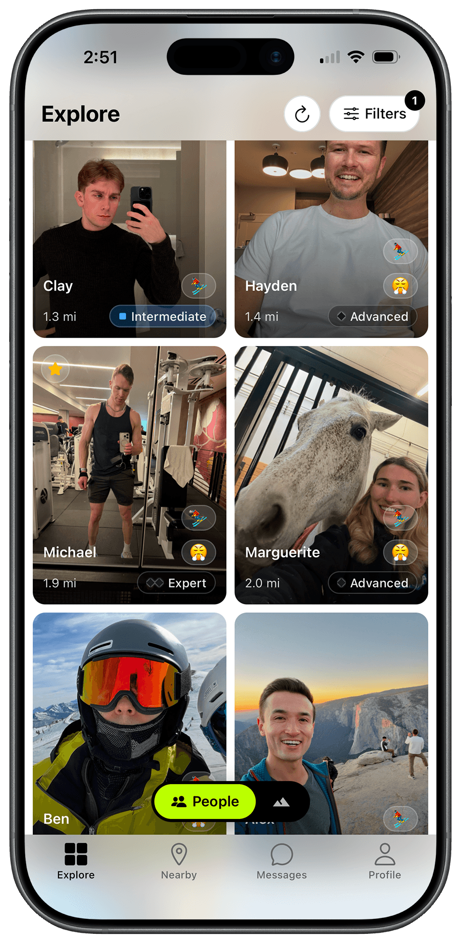 Explore tab showing nearby skiers and riders