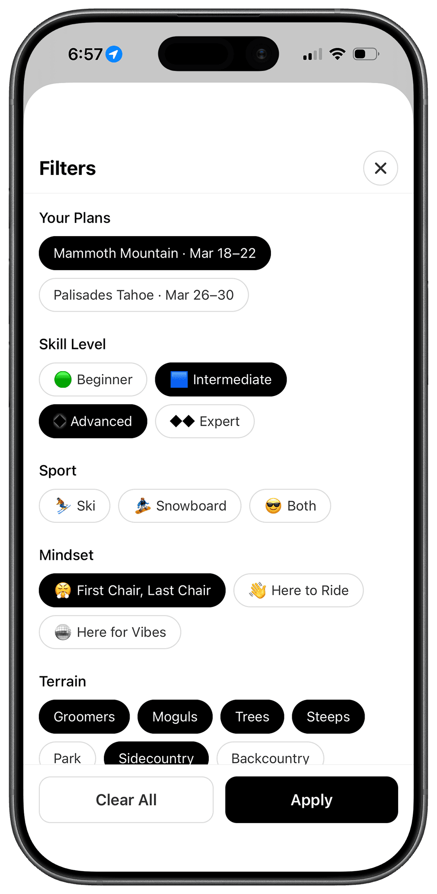 Filter options for skill, mindset, and terrain