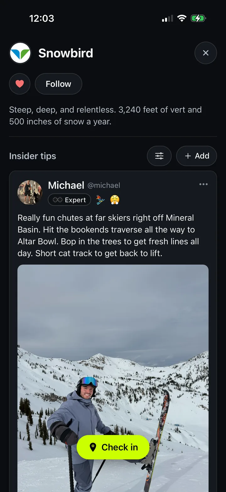 Resort insider tips screen
